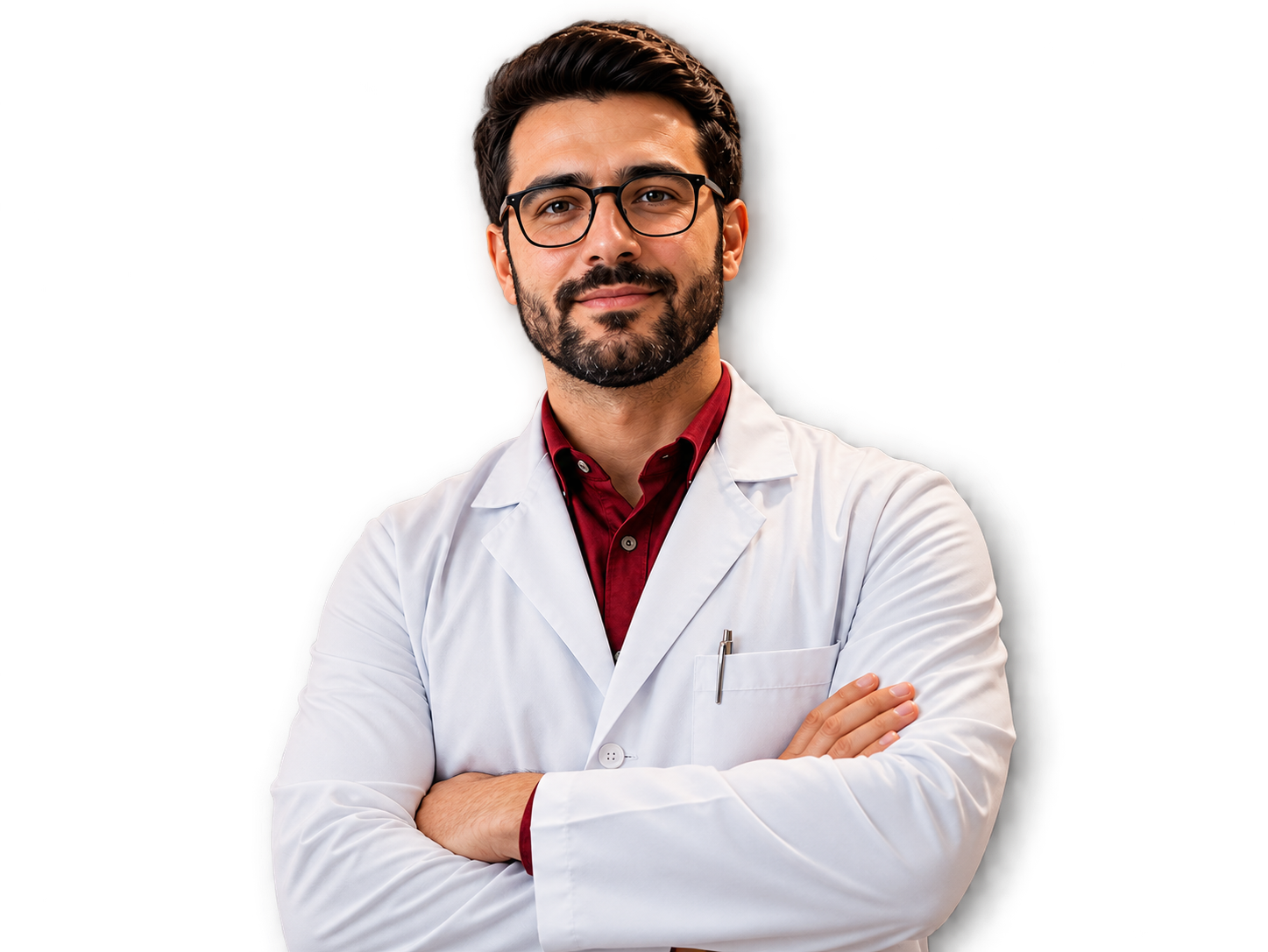 Farmacêutico de óculos e jaleco, braços cruzados, sorrindo